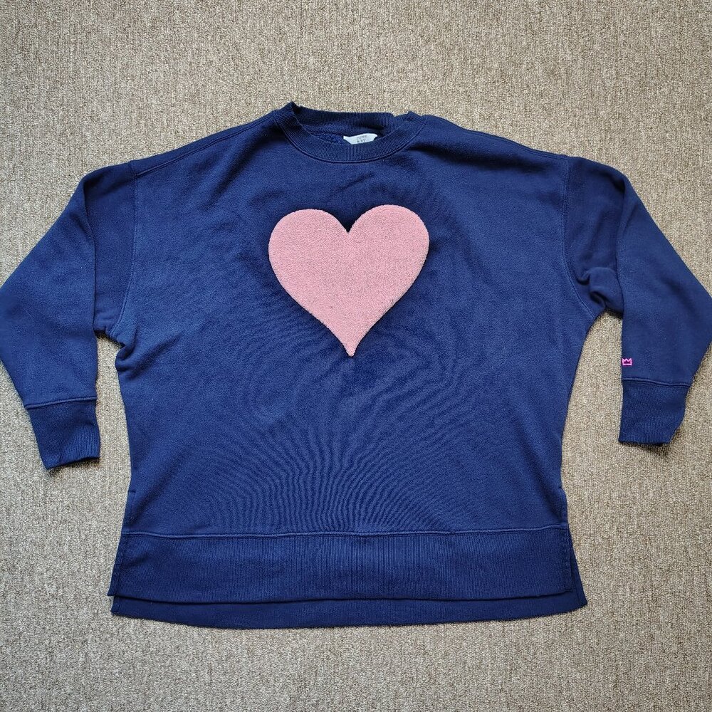 CROWN & IVY Sweatshirt Women M Blue Felt Heart Oversized Fleece Cotton Blend